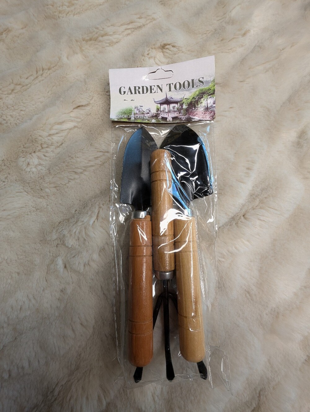 MINI Garden Tools 3-Piece Hand Trowel and Fork Set - Brown Handle, Black Heads